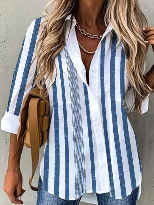 Women’s Button-Down Shirt – Relaxed Fit – Cotton – Long Sleeve Striped – Casual Style
