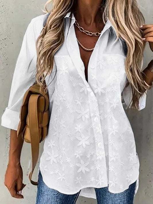 Women’s Blouse – Relaxed Fit – Cotton Blend – Embroidered Floral – Shirt Collar