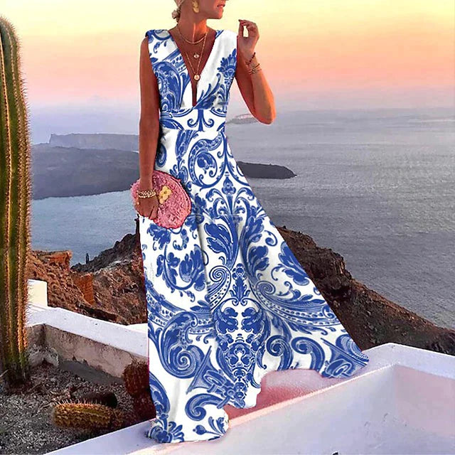 Women’s Maxi Dress – Flowy Fit – Deep V-Neck – Sleeveless – Breathable Blend – Floral Print