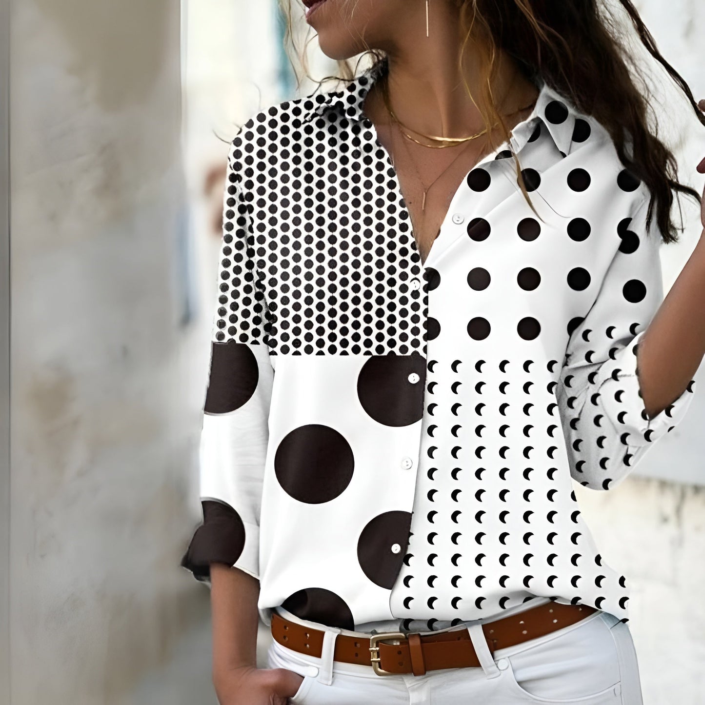 Women’s Blouse – Relaxed Fit – Cotton Blend – Patchwork Print – Button-Up – Shirt Style