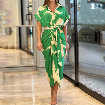 Women's Wrap Dress - Floral Print - V-Neck - Short Sleeve - Tie Waist Maxi