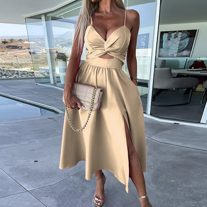 Women's Midi Dress - Satin Finish - Twisted Front Cut-Out - Spaghetti Straps - A-Line Slit