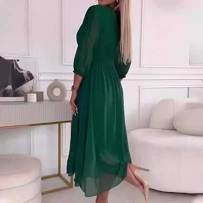 Women’s Evening Dress – V-Neck – A-Line Silhouette – Silk – Midi Length – 3/4 Sleeve
