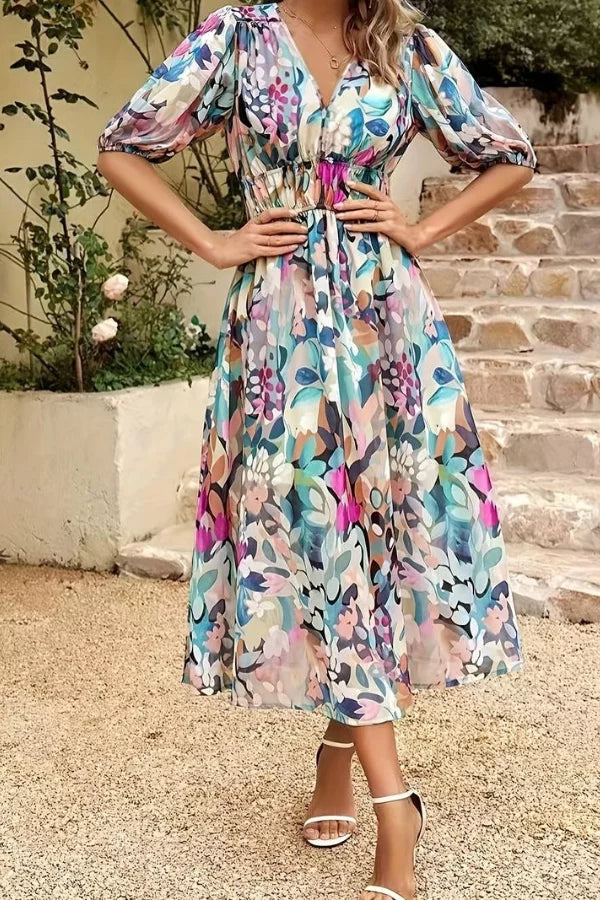 Women’s Midi Dress – Flowy Fit – V-Neck – Puff Sleeve – Floral Print – Cinched Waist