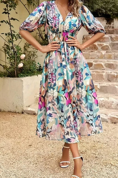 Women’s Midi Dress – Flowy Fit – V-Neck – Puff Sleeve – Floral Print – Cinched Waist
