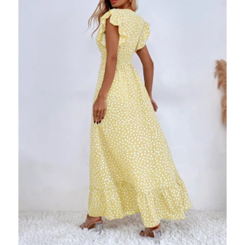 Women's Maxi Dress - V-Neck - Ruffled Short Sleeves - Fitted Bodice - Flowy Patterned Skirt