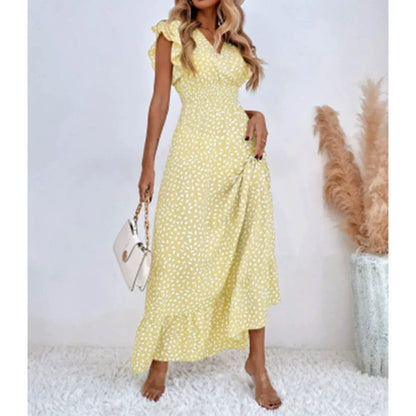 Women's Maxi Dress - V-Neck - Ruffled Short Sleeves - Fitted Bodice - Flowy Patterned Skirt