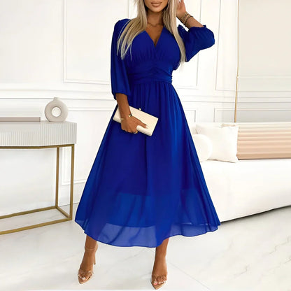 Women’s Evening Dress – V-Neck – A-Line Silhouette – Silk – Midi Length – 3/4 Sleeve