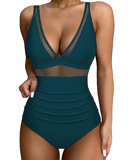 Women’s Swimsuit – Plunging Neckline – Mesh Panels – High-Cut Leg – Breathable Blend