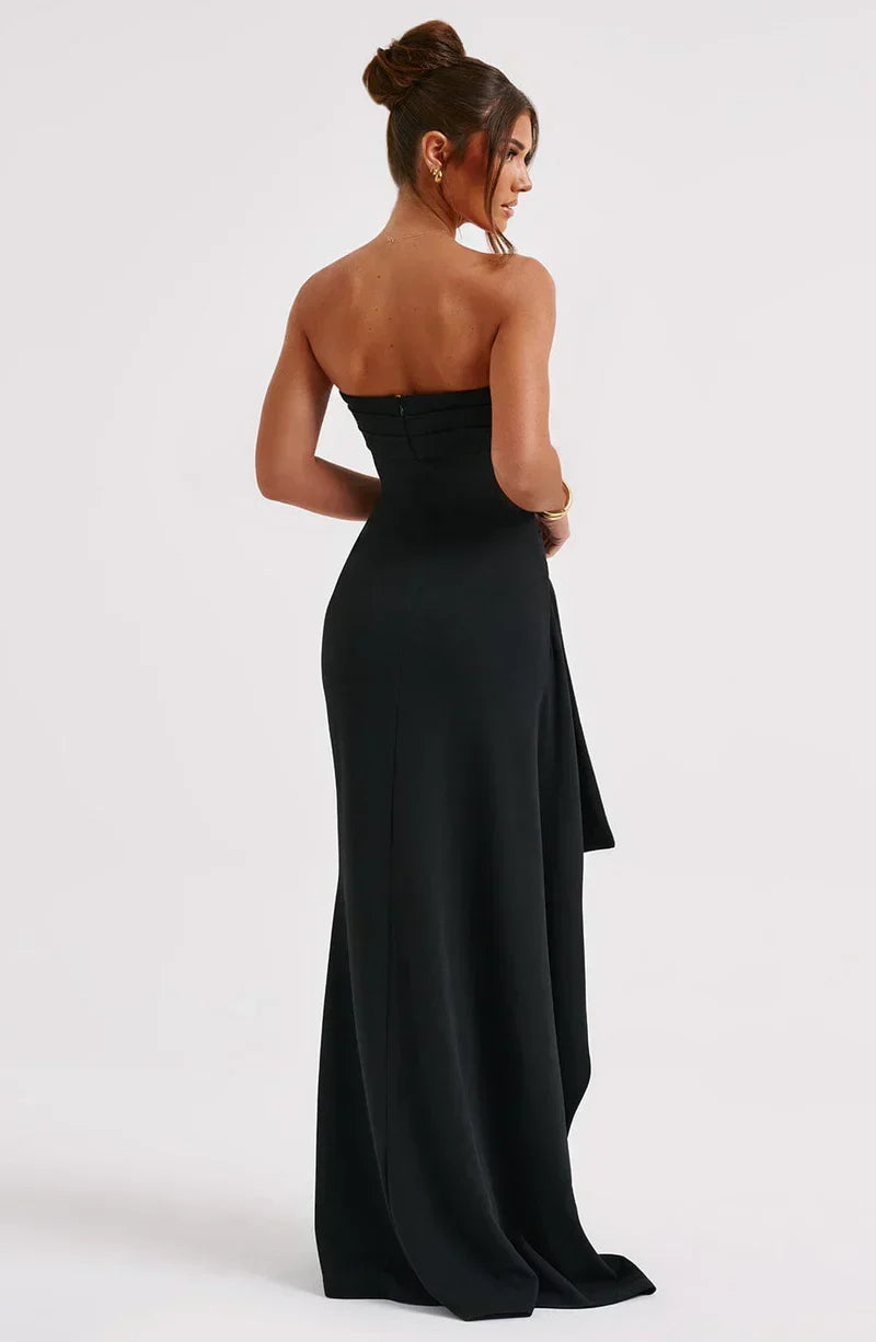 Women’s Evening Gown – Slim Fit – Satin Feel – Off-Shoulder Twisted Neckline – Full Length