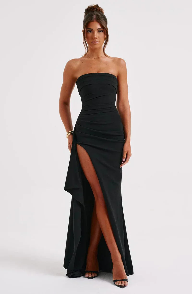 Women’s Evening Gown – Slim Fit – Satin Feel – Off-Shoulder Twisted Neckline – Full Length