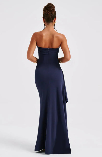 Women’s Evening Gown – Slim Fit – Satin Feel – Off-Shoulder Twisted Neckline – Full Length