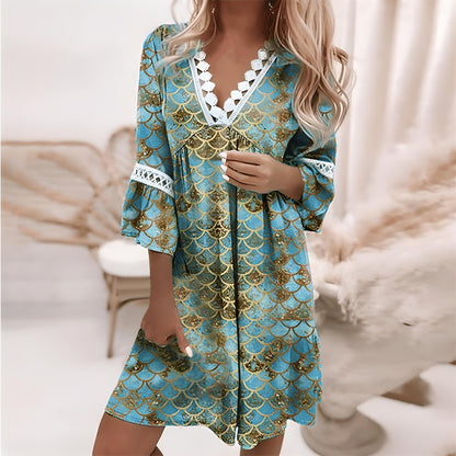 Women’s Mini Dress – Relaxed Fit – V-Neck with Lace Trim – Flared 3/4 Sleeves – Flowing Fabric