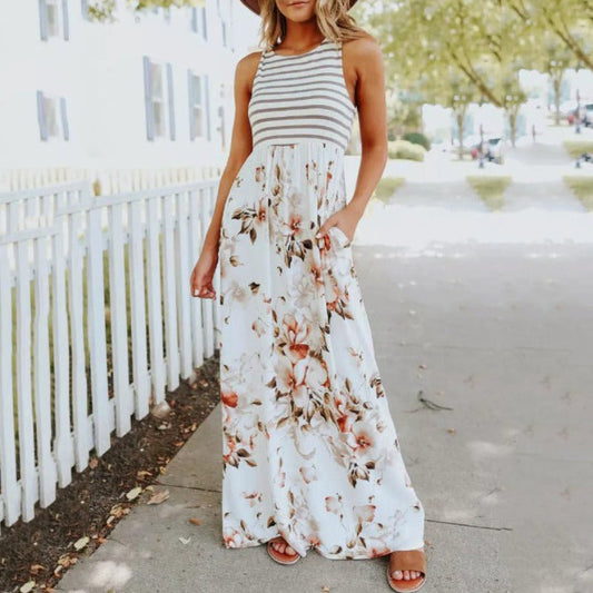 Women's Maxi Dress - Sleeveless Striped Bodice - Floral Flowy Skirt - With Pockets