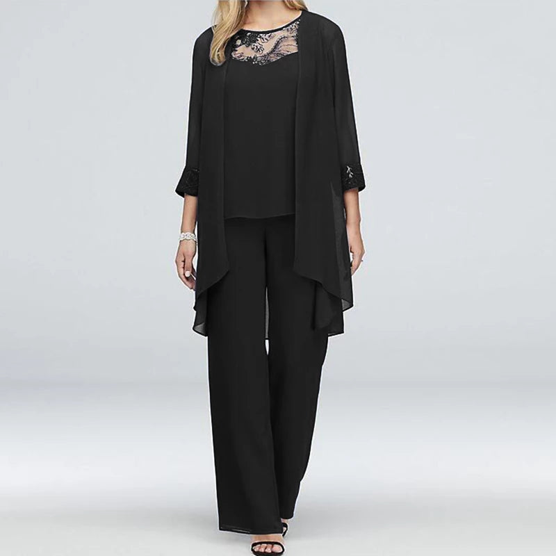 Women's Two-Piece Pant Suit - Wide-Leg Pants & Long Open-Front Jacket - Elegant Fit