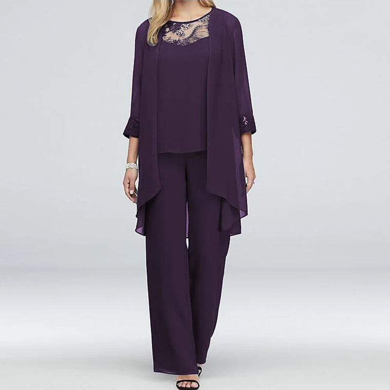 Women's Two-Piece Pant Suit - Wide-Leg Pants & Long Open-Front Jacket - Elegant Fit