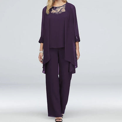 Women's Two-Piece Pant Suit - Wide-Leg Pants & Long Open-Front Jacket - Elegant Fit