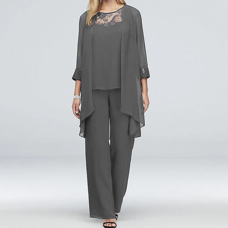 Women's Two-Piece Pant Suit - Wide-Leg Pants & Long Open-Front Jacket - Elegant Fit