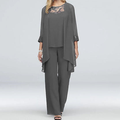 Women's Two-Piece Pant Suit - Wide-Leg Pants & Long Open-Front Jacket - Elegant Fit