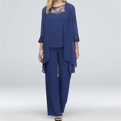 Women's Two-Piece Pant Suit - Wide-Leg Pants & Long Open-Front Jacket - Elegant Fit
