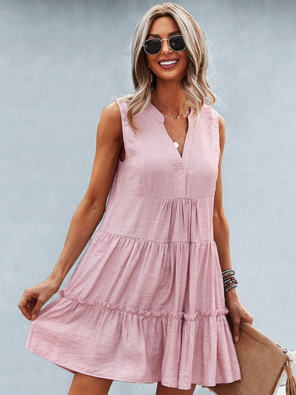 Women's Tiered Dress - Sleeveless V-Neck - Flowing Lightweight Casual Wear