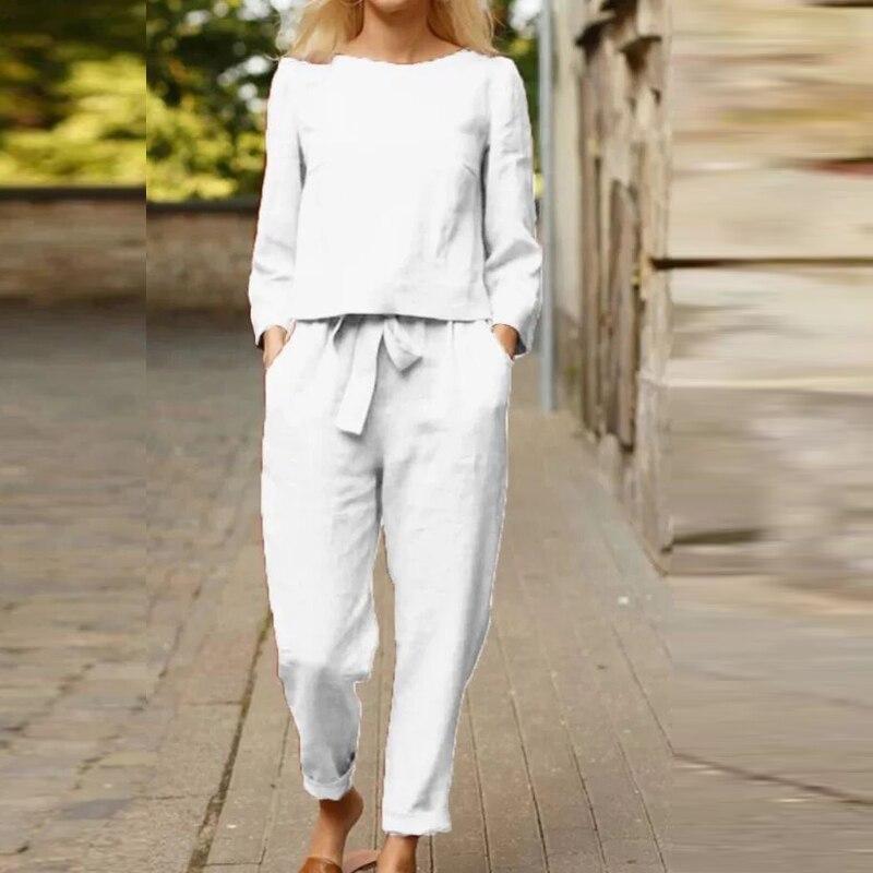 Women's Two-Piece Linen Set - Loose Fit Top & High-Waisted Pleated Pants