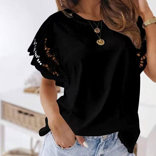 Women's Lace Sleeve Top - Round Neck - Lightweight Relaxed Fit - Scalloped Detail