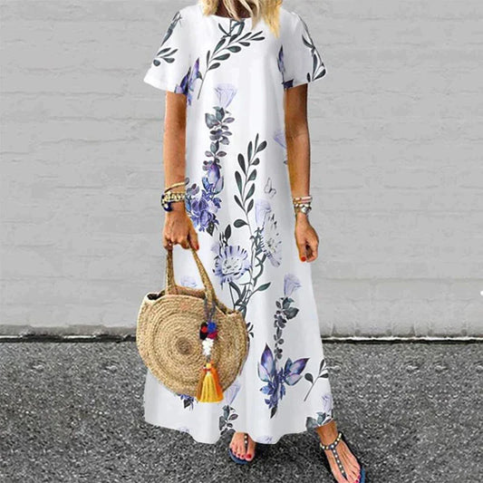 Women's Maxi Dress - Floral Print - Short Sleeve - Flowing Loose Fit - Round Neck