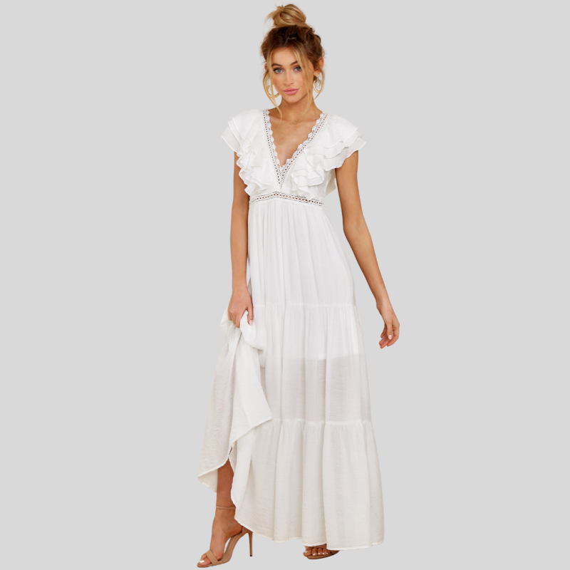 Elegant long maxi dress with V-neckline for women