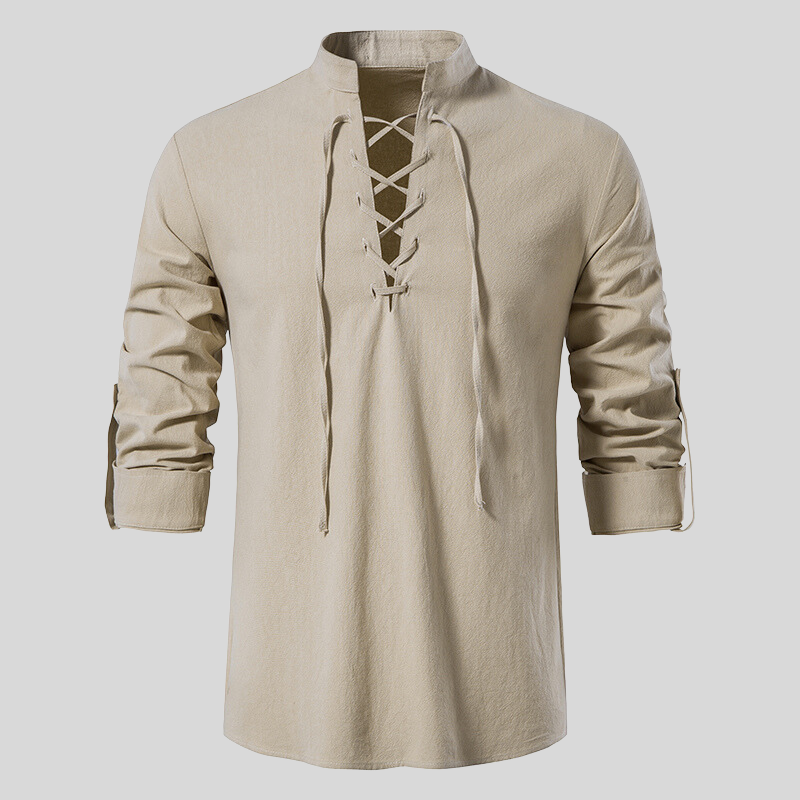 Modern cotton shirt with band collar and drawstring for women