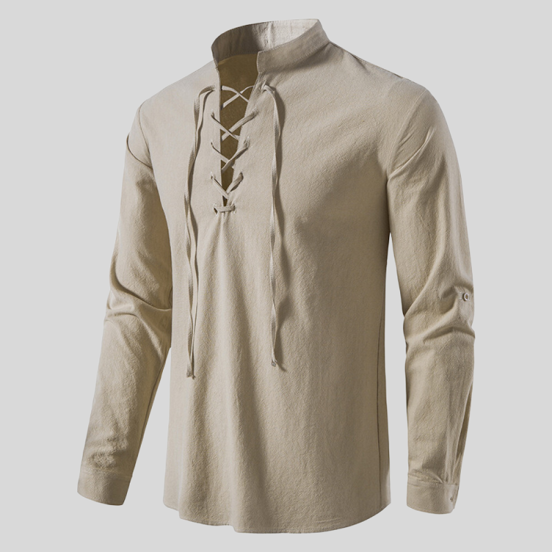 Modern cotton shirt with band collar and drawstring for women