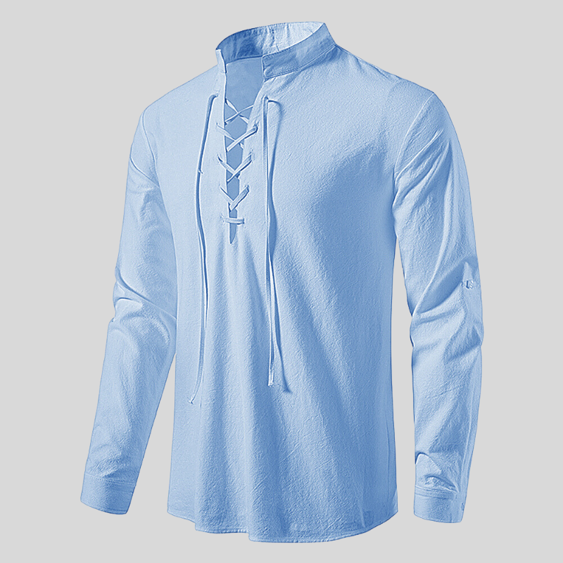 Modern cotton shirt with band collar and drawstring for women