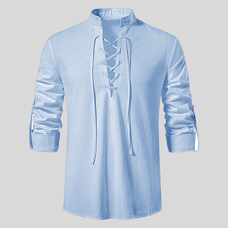 Modern cotton shirt with band collar and drawstring for women