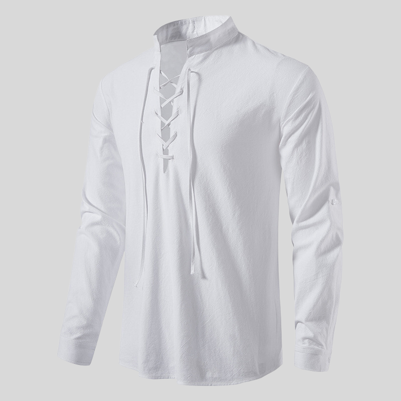 Modern cotton shirt with band collar and drawstring for women