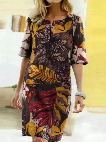 Women's Knee-Length Dress - Leaf Print - Relaxed Fit - Half Sleeve Notch Neck