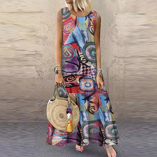 Women's Maxi Dress - Sleeveless Relaxed Fit - Round Neck - Flowy Lightweight Fabric