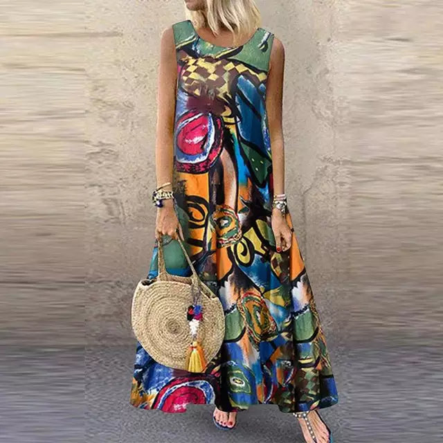Women's Maxi Dress - Sleeveless Relaxed Fit - Round Neck - Flowy Lightweight Fabric