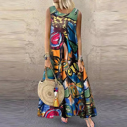 Women's Maxi Dress - Sleeveless Relaxed Fit - Round Neck - Flowy Lightweight Fabric