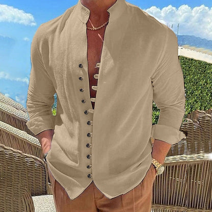 Men’s Casual Shirt - Mandarin Collar - Long Sleeve - Slim Fit Button-Up