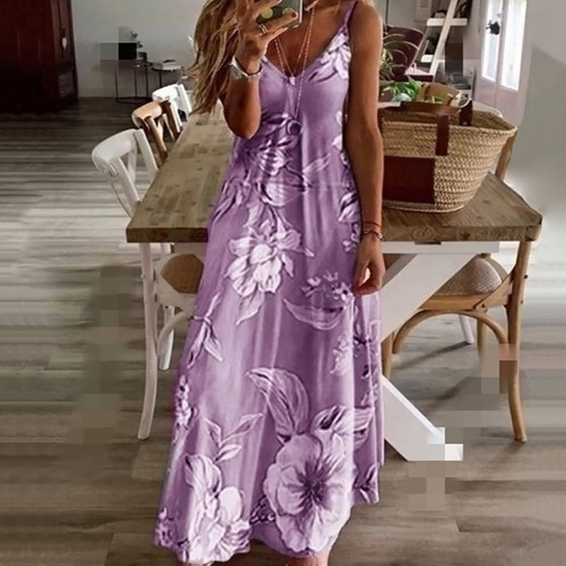 Women's Maxi Dress - Sleeveless V-Neck - Flowy Relaxed Fit - Floral Casual Wear