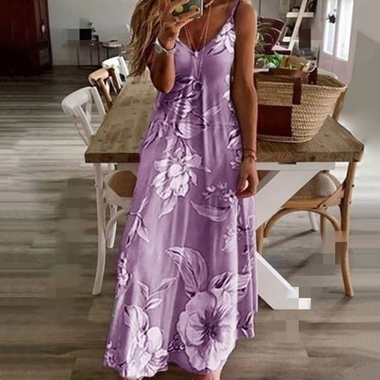 Women's Maxi Dress - Sleeveless V-Neck - Flowy Relaxed Fit - Floral Casual Wear